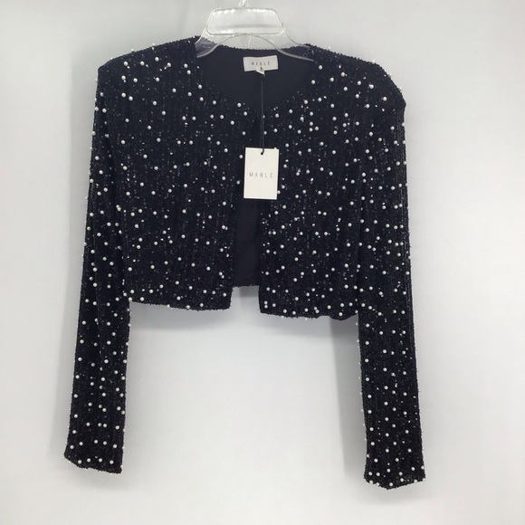 Mable NWT All Over Pearl & Sequin Cropped Jacket Cocktail Party Black Med - Picture 3 of 9